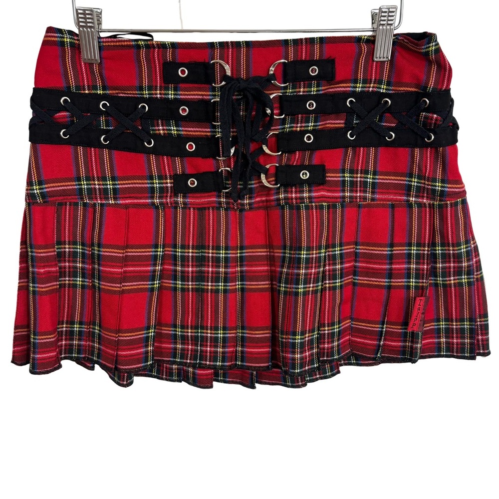 VTG Tripp NYC Red & Black Plaid Corset Tie Pleated Mini Skirt Sz M Punk Goth